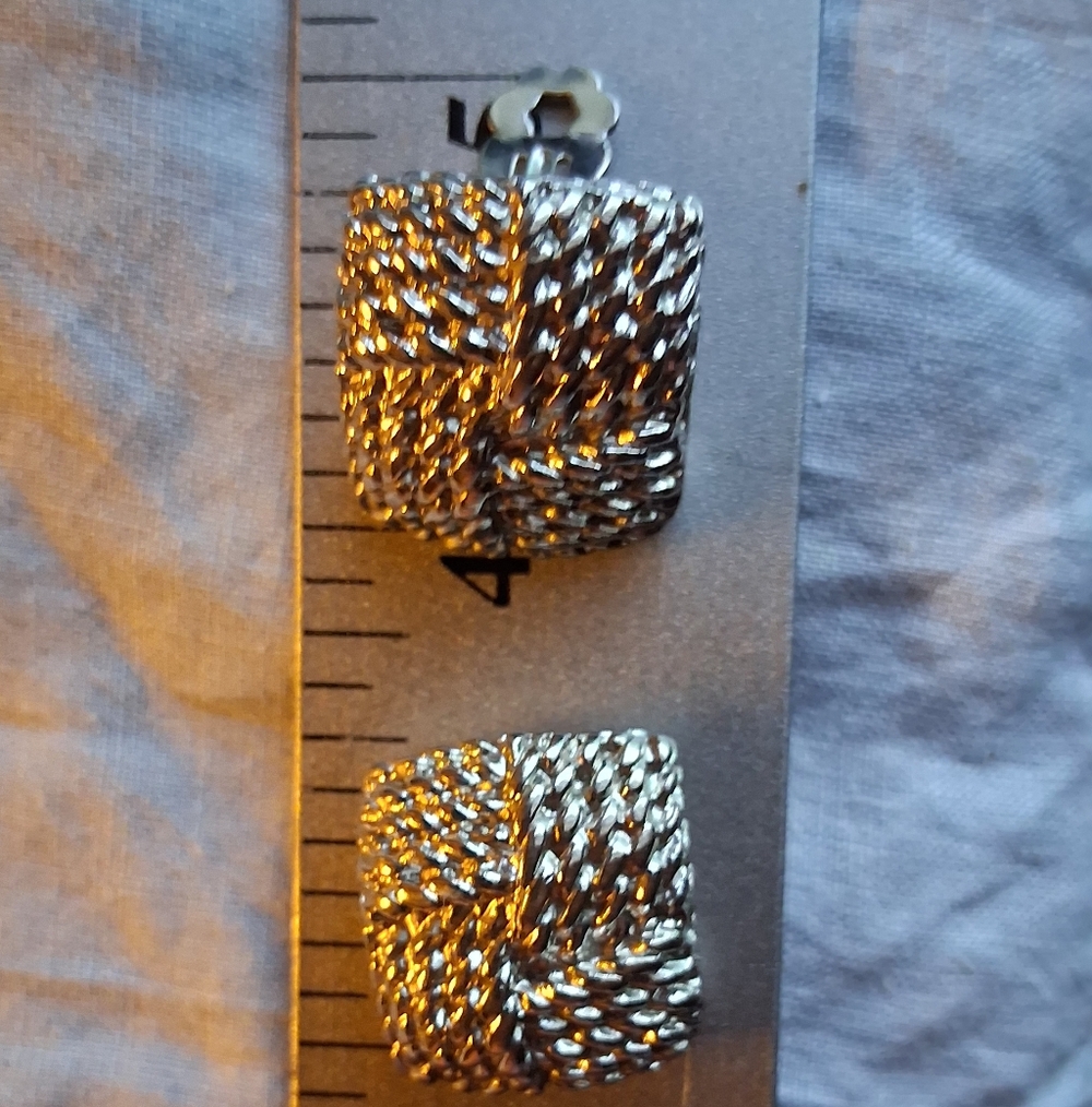 Silver-Tone Woven Square Clipon Earrings - Elegant Silver Earrings